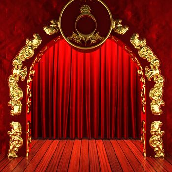 red fabric curtain with gold on stage