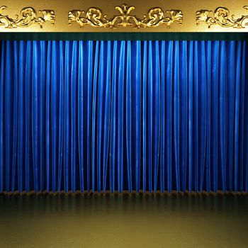 blue fabric curtain with gold on stage