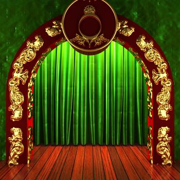 green fabric curtain with gold on stage