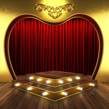 red fabric curtain with gold on stage