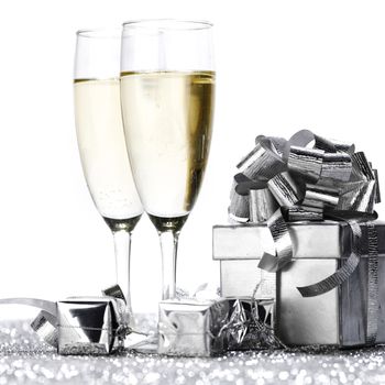 New year cars with Champagne glasses and gifts