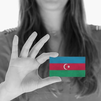 Woman showing a business card, flag of Azerbaijan