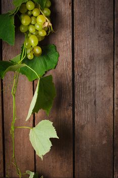 Grapes with leaves on the wood background closeup