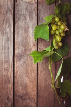 Grapes with leaves and glass of wine on the wood background