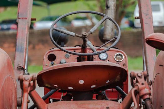 Tractor manufactured  1970's still working in agriculture rear angle in close detail