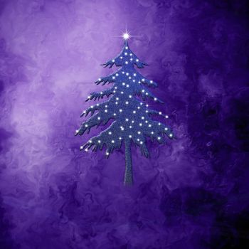 Christmas greeting card, fir tree with stars, on purple background with empty space for write message