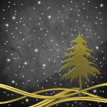 Christmas greeting card, Christmas tree and golden wavy lines on gray background with stars