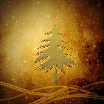 Golden Christmas tree on star background in sepia tone, Christmas greeting card background