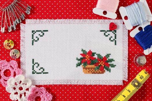 Frame made of white canvas with a red background in the Christmas style