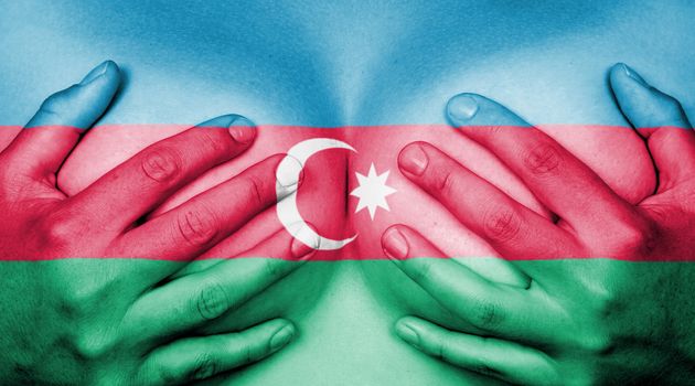 Upper part of female body, hands covering breasts, flag of Azerbaijan