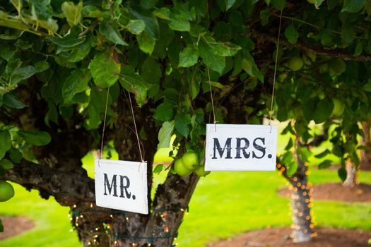Signs read Mr and Mrs or Mr. and Mrs. at a wedding reception above the bride and groom table.