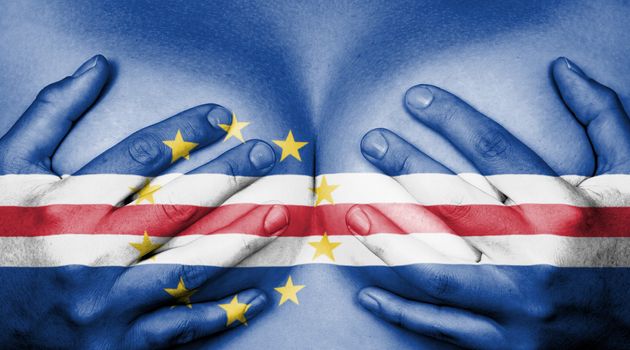 Upper part of female body, hands covering breasts, flag of Cape Verde