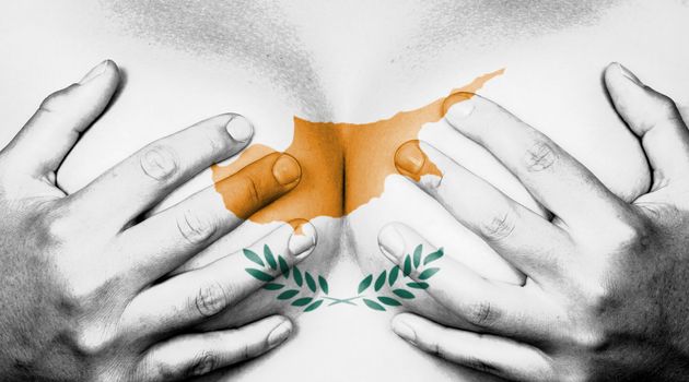 Upper part of female body, hands covering breasts, flag of Cyprus