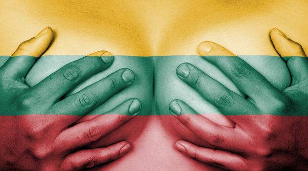 Upper part of female body, hands covering breasts, flag of Lithuania