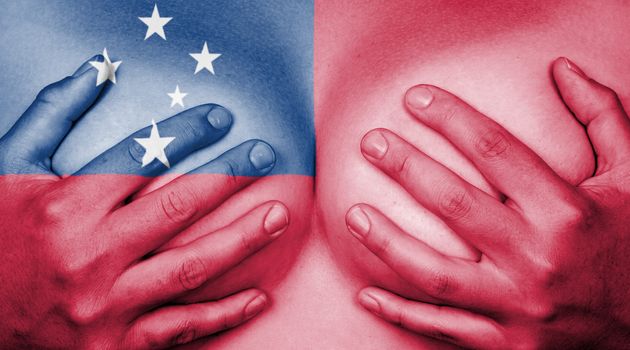 Upper part of female body, hands covering breasts, flag of Samoa