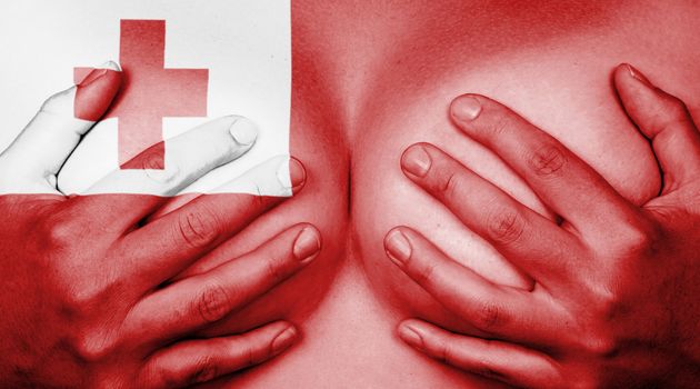 Upper part of female body, hands covering breasts, flag of Tonga