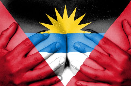 Sweaty upper part of female body, hands covering breasts, flag of Antigua and Barbuda