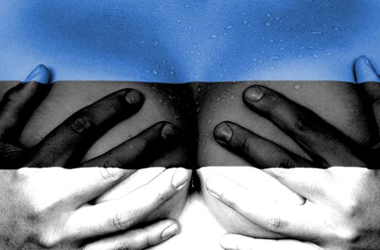 Sweaty upper part of female body, hands covering breasts, flag of Estonia