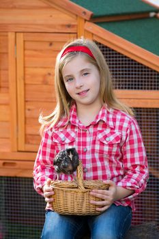 breeder hens kid girl rancher blond farmer playing with chicks in chicken hencoop