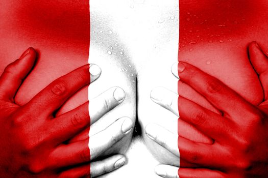 Sweaty upper part of female body, hands covering breasts, flag of Peru