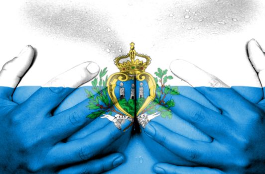 Sweaty upper part of female body, hands covering breasts, flag of San Marino