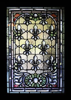 Stained-glass window the Winchester Mystery House - the house number 525 on Winchester Boulevard in San Jose, California, USA