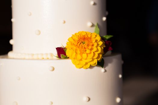 A beautiful wedding cake is set up at the reception for a bride and groom.