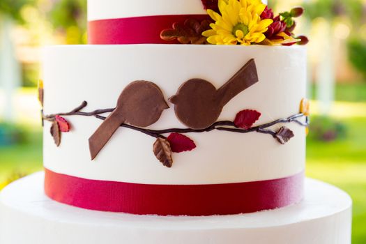 A beautiful wedding cake is set up at the reception for a bride and groom.