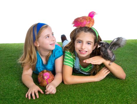 breeder hens kid sister farmer girls playing funny with chicken chicks on white background