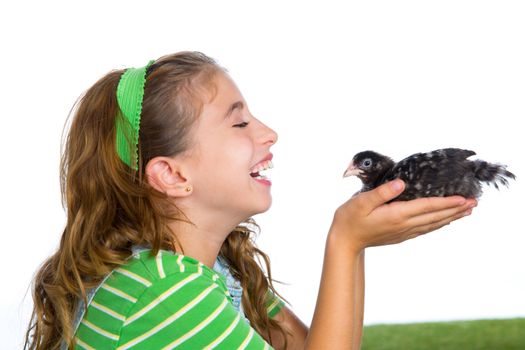 breeder hens kid girl rancher farmer playing with chicken chicks white background