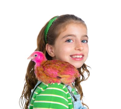 breeder hens kid girl rancher farmer playing with chicken chicks white background