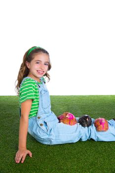 breeder hens kid girl rancher farmer playing with chicken chicks white background