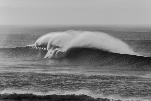 Large ocean wave breaking crashing in black and white tone contrasts with strong offshore wind spray