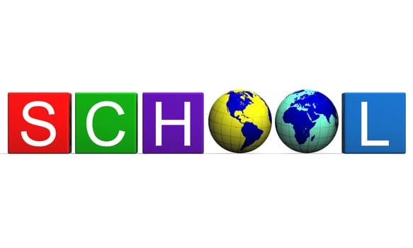 School sign made of cubes with letters and globes, isolated on white background 