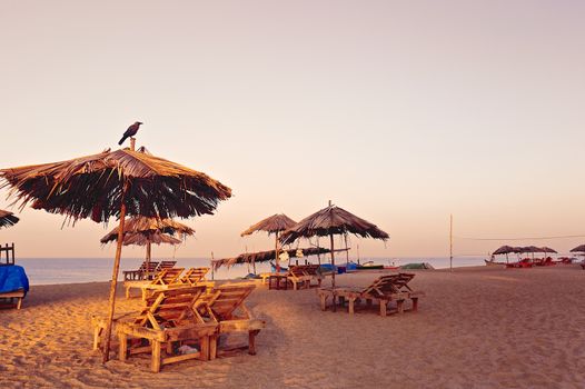 Beach umbrellas and deckchair on the tropical coast in Goa, india