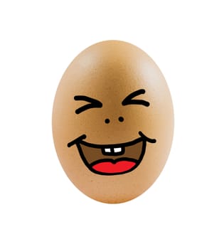 one  brown egg with funny face on white background .