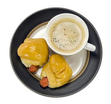 hot coffee in white cup and  sweet bun over white background