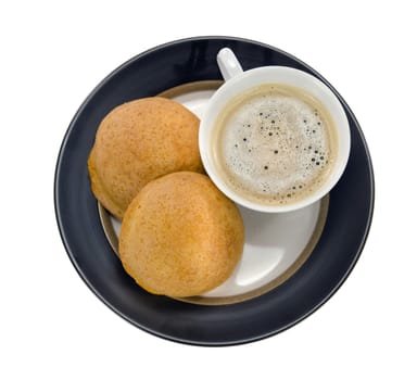 top view hot coffee in white cup and bread on dish  over white background