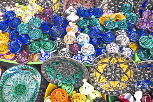 Colorful Tajines for sale in a market stall