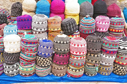 Colorful wool caps for sale in the market in Morocco Africa