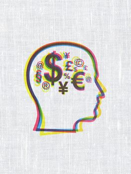 Business concept: CMYK Head With Finance Symbol on linen fabric texture background, 3d render