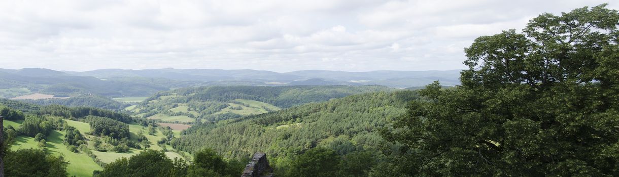 Panorama of landscape in central Germany with forests and fields