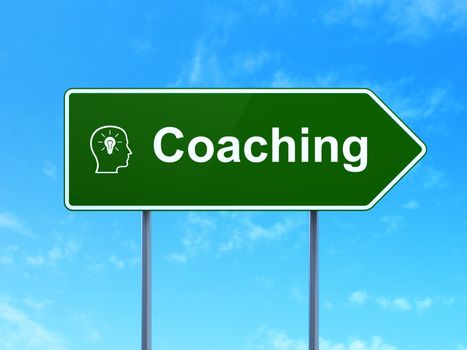 Education concept: Coaching and Head With Lightbulb icon on green road (highway) sign, clear blue sky background, 3d render