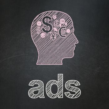 Marketing concept: Head With Finance Symbol icon and text Ads on Black chalkboard background, 3d render