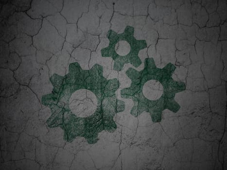 Marketing concept: Green Gears on grunge textured concrete wall background, 3d render