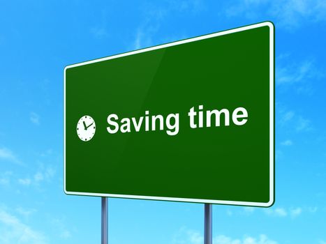 Timeline concept: Saving Time and Clock icon on green road (highway) sign, clear blue sky background, 3d render