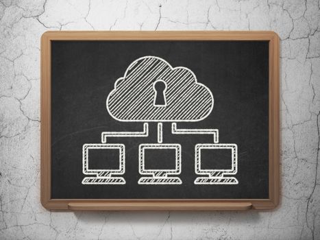 Cloud networking concept: Cloud Network icon on Black chalkboard on grunge wall background, 3d render