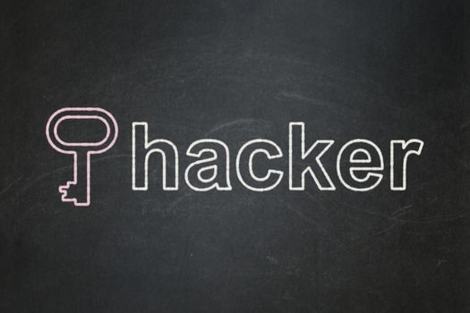 Protection concept: Key icon and text Hacker on Black chalkboard background, 3d render