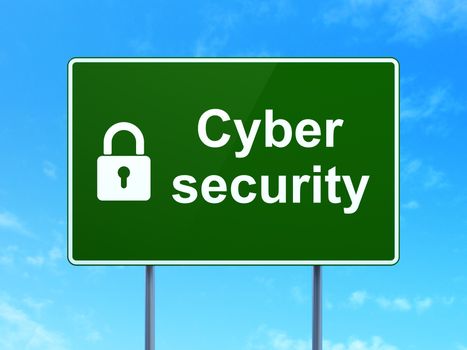 Security concept: Cyber Security and Closed Padlock icon on green road (highway) sign, clear blue sky background, 3d render
