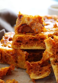Delightful fresh baked crisp and crunchy sweet honeycomb dessert.
